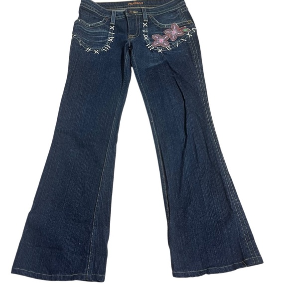 Hudson Bootcut Flared Ankle Jeans Low Waist Wide Leg Floral Appliqué Size 27 - Picture 1 of 16